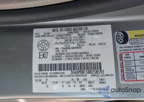 2008 Ford Fusion Sel z USA, uszkodzony, nr VIN 3FAHP08158R258592